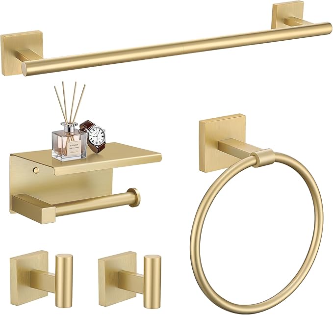 TURS 5-Pieces Brushed Gold Bathroom Hardware Set 23.6 Inch SUS304 Stainless Steel Towel Bar Set Wall Mounted Square Toilet Paper Holder with Shelf