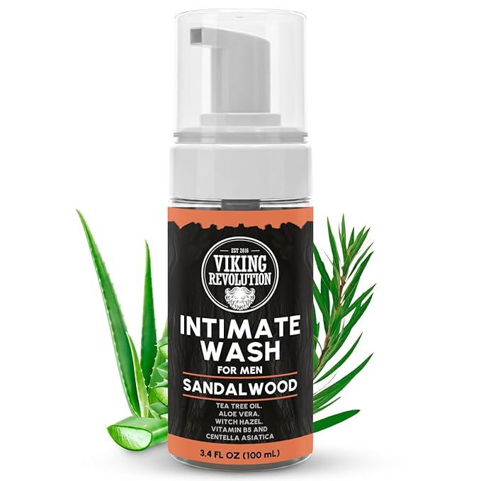 Viking Revolution Mens Intimate Wash - Foaming Body Wash Men with Aloe Vera, Tea Tree Oil, Witch Hazel - Cleaning, Refreshing Soap for Mens Hygiene Essentials - Stocking Stuffers for Men (3.4 fl oz)