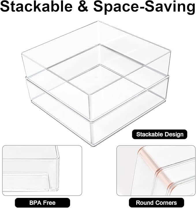 Stackable Acrylic Drawer Organizer Set, 11 PCS Multi-Size Storage Bins for Makeup, Office Desk, Bathroom, Vanity and Kitchen Utensils