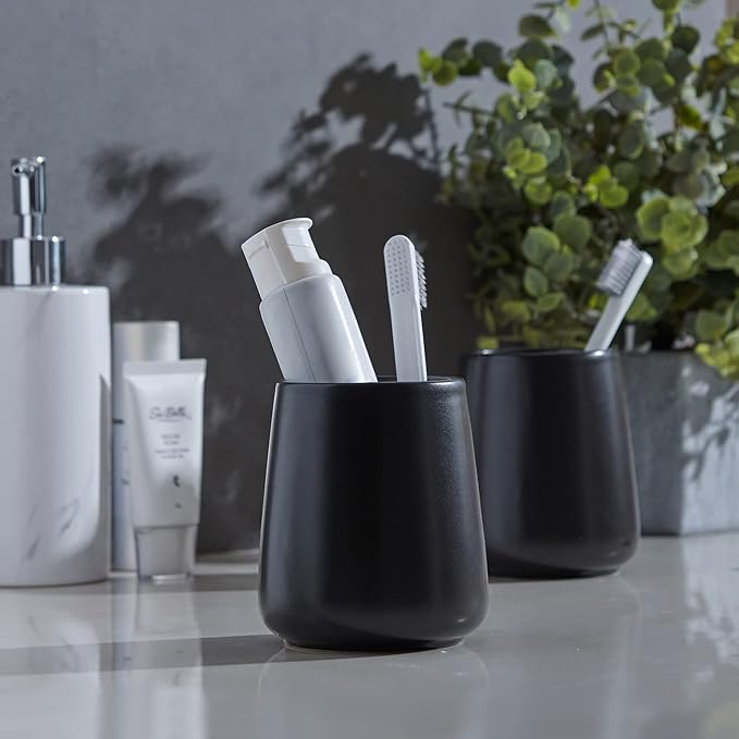 Matte Black Toothbrush Holders for Bathroom - 2Pcs Ceramic Tooth Brushing Holder Set, Toothpaste Holder, Reusable Toothbrush Mouthwash Cups, Space-Saving Design for Bathroom Countertop