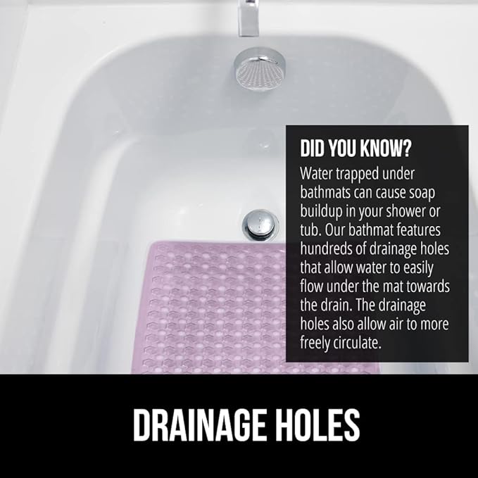 GORILLA GRIP Patented Bath Tub Shower Mat, Machine Washable Bathtub Floor Liner Mats, Suction Cups and Drain Holes to Keep Tubs Clean, Soft on Feet, Bathroom Essentials, 35x16 Inch, Clear Purple