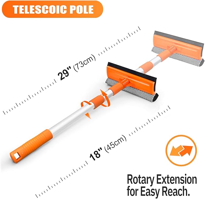 Squeegee for Window | 2-in-1 Window Cleaner Sponge and Soft Rubber Strip with Telescopic Extension Pole 18”-29” | Window Washer for Shower, Car Windshield, Mirror, Glass Cleaning