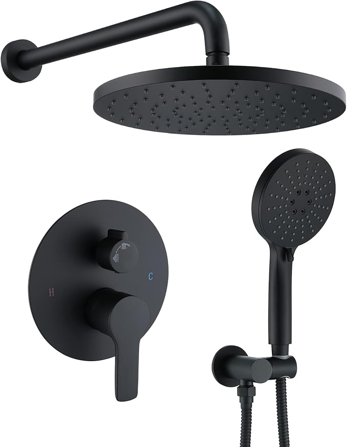 Iriber Shower System Wall Mounted Shower Faucet Mixer Set with Luxury High Pressure Shower head and 3-Setting Handheld, Bathroom Shower Trim Kit Contain Pressure Balance Valve, Matte black