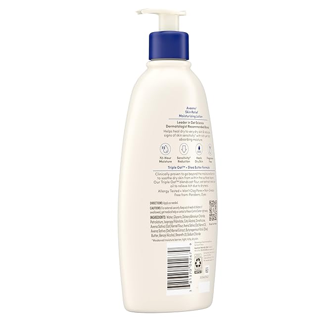 Aveeno Skin Relief Moisturizing Lotion Heals Very Dry, Sensitive Skin, Fast-Absorbing Body Lotion with Soothing Triple Oat & Shea Butter Formula, Fragrance Free, Non-Comedogenic, 18 fl. oz