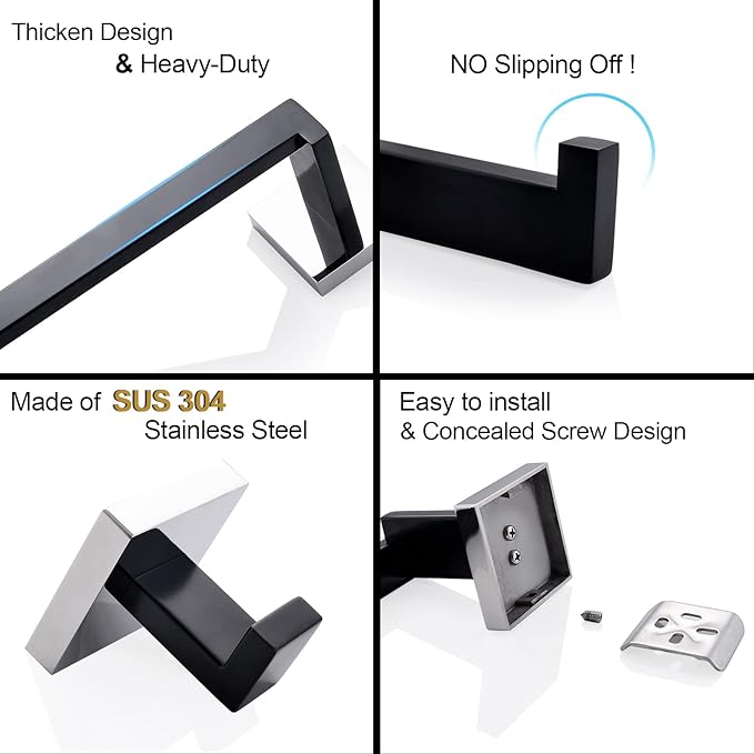 TURS 5-Piece Bathroom Hardware Set Matte Black and Polished Chrome Towel Bar Holder Set Hand Towel Holder Toilet Paper Holder and 2 Towel Hooks,Stainless Steel Wall Mounted
