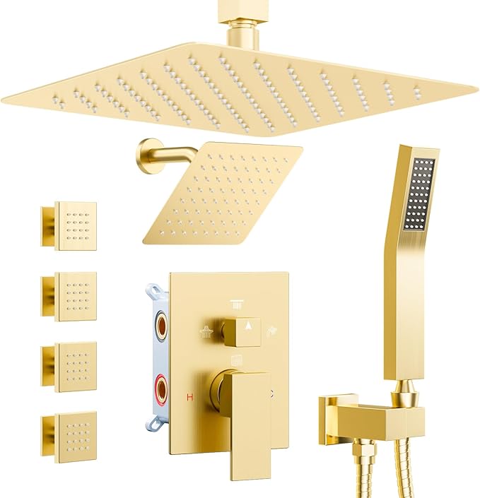 Shower Systems with 4 Body Spray Jets, STARBATH 4 Way 12+6" Rainfall Shower Head with Handheld Combo, Ceiling Mounted Shower Jets System in Wall Shower Faucet Sets Complete,Brushed Gold