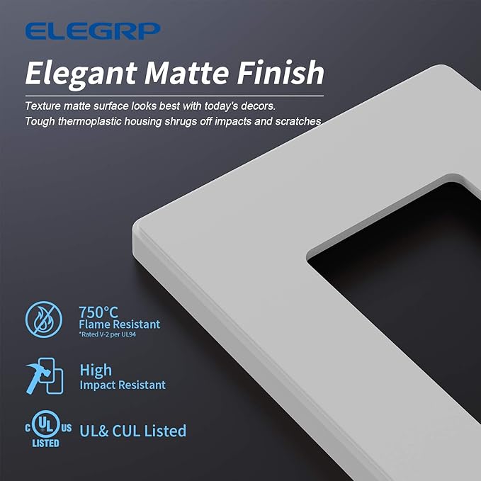ELEGRP Matte White 1-Gang Screwless Decorative Wall Plates, Standard Size Unbreakable Thermoplastic Faceplate Cover for Decorator Receptacle Outlet Switch, UL Listed (20 Pack)