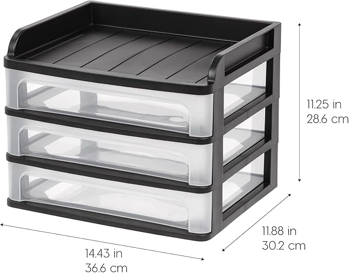 IRIS USA Plastic Desk Top 3-Drawer Storage Organizer with Paper Tray Top, 1-Pack, for Makeup Vanity Nail Polish Bathroom Stationery Art Craft Supplies Kitchen Office Garage Organization, Medium, Black