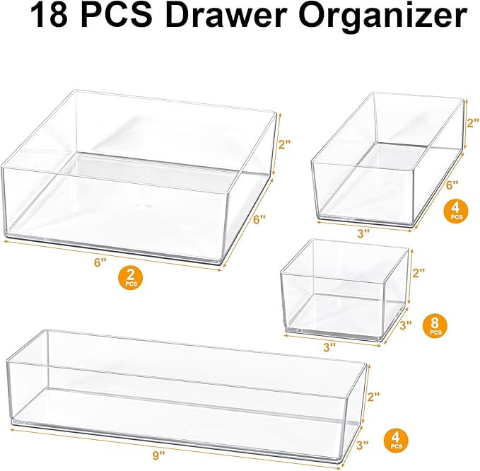 Stackable Acrylic Drawer Organizer Set, 18 PCS Multi-Size Storage Bins for Makeup, Office Desk, Bathroom, Vanity and Kitchen Utensils