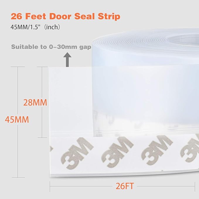 26 Feet Silicone Seal Strip,Door Weather Stripping, Sealing Tape for Door Draft Stopper Adhesive Tape for Doors Windows and Shower Glass Gaps (Transparent, 45MM)
