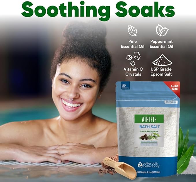 Athlete Bath Salt 128 Ounces Epsom Salt with Natural Lavender, Pine, Peppermint and Eucalyptus Essential Oils Plus Vitamin C in BPA Free Pouch with Easy Press-Lock Seal