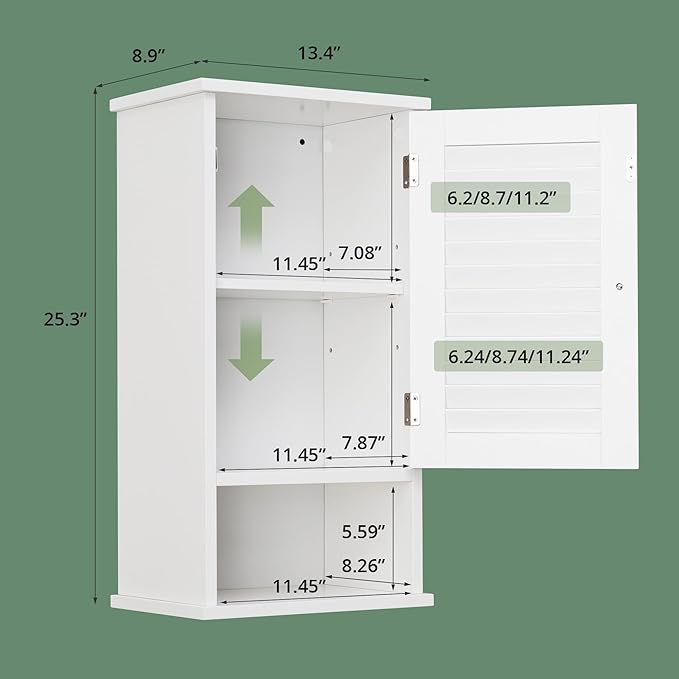Small Bathroom Wall Cabinet, Slim Single Louvered Door Narrow Over The Toilet Storage, Adjustable Shelves, Space Saver Organizer, 13.4x8.9x25.3 inches