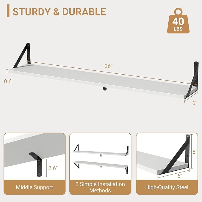 Heimlove Floating Shelves for Wall, 36 Inch Long Wood Floating Bookshelf Set of 3, Wall Mounted Hanging Shelf for Bathroom Bedroom Kitchen, White