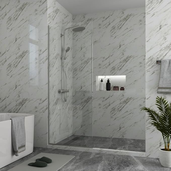 Royalty Fixed Shower Screen - 30" x 76" Frameless 3/8" Clear Tempered Glass Panel with Hardware - Easy Clean Smart Guard Coating - Minimalist Modern Design for Bathroom - Brushed Gold