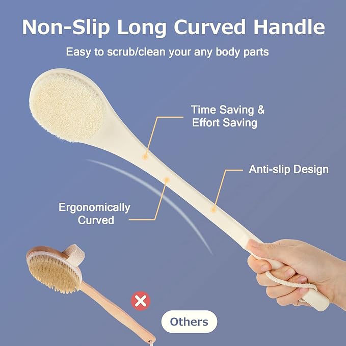 Body Back Scrubber – 17'' Long Handle Shower Brush, Anti-Mold Exfoliator for Dry & Wet Use, Deep Cleansing & Gentle Exfoliation for Smooth Skin – for Men, Women & Elderly (Cream White)