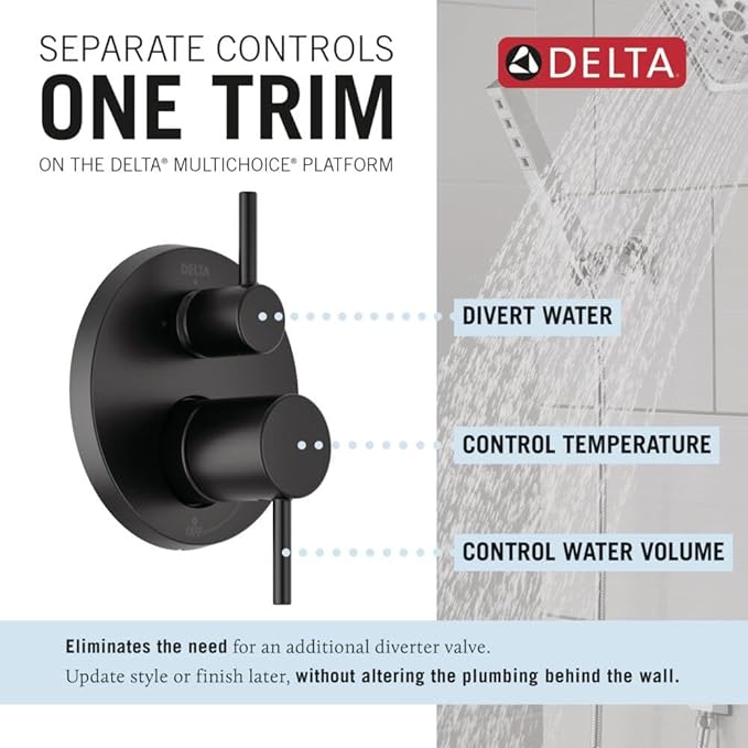 Delta Modern 14 Series Round Rain Shower System Faucet Set, Rainfall Matte Black Shower Head and Handle Set, Valve Trim Kit, 10 Inch, Matte Black 342702-BL