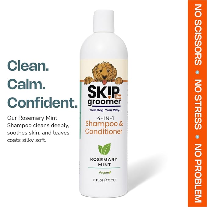 4-in-1 Dog Shampoo & Conditioner, Rosemary Mint, Cleans, Conditions, Detangles & Deodorizes, Natural, Vegan, Gentle Grooming for All Breeds & Coat Types 16 oz, Made in USA