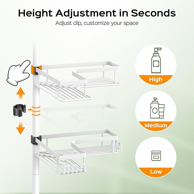 HAMITOR Corner Shower Caddy White: 4-Tier Rustproof Bathroom Bathtub Organizer Shelf with Soap Holder & Hooks - No-Drill Adjustable Standing Tension Pole Rack for Apartment Renters - 47-123 Inch