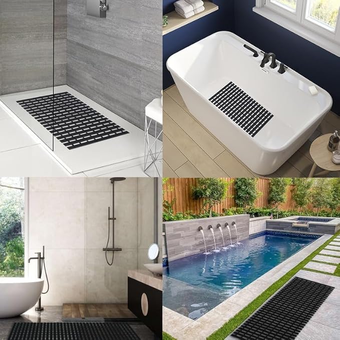 Bath Mat Non Slip Shower Mat Bathtub with Drain Holes and Heavy Duty Rubber No Suction Cups Sturdy Shower Stall Tub Mat for Bathroom, Shower Floor, Pool, SPA, (Black, 4FT X 29FT)