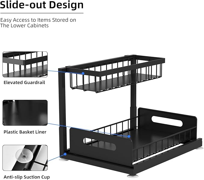 2-Tier Under Sink Slide Out Organizer, 2 Pack Pull Out Cabinet Storage Shelf with Sliding Wire Basket Drawer for Bathroom Kitchen, Countertop or Pantry Shelf, Black