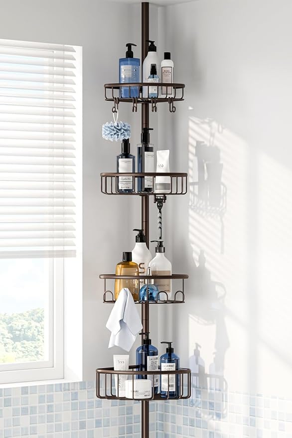 Corner Shower Caddy Tension Pole: Stainless Steel Rustproof 4-Tier Shower Organizer - 47-121 inch Adjustable Bathroom Shelves for Bathtub Shampoo Storage - Tension Rod Floor Standing Bath Rack -Bronze
