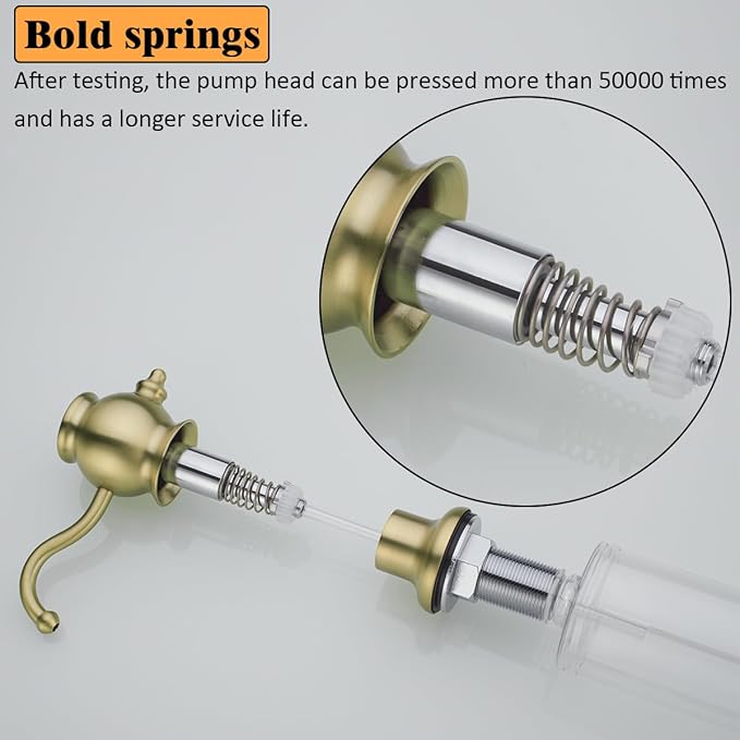 RANDOM Brushed Gold Soap Dispenser for Kitchen Sink,Built in Sink Soap Dispenser with Solid Brass Pump Head Soap Dispenser Extension Tube Kit and 11 Ounce Large PET Liquid Soap Bottle.RD84038BG