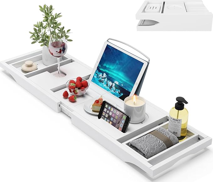 Foldable Bamboo Bathtub Caddy Tray Expandable for Luxury Bath, Bath Accessories & Table with Wine Glass Holder, Book Stand Bathroom Organizer with Extending Sides for Men/Women,White