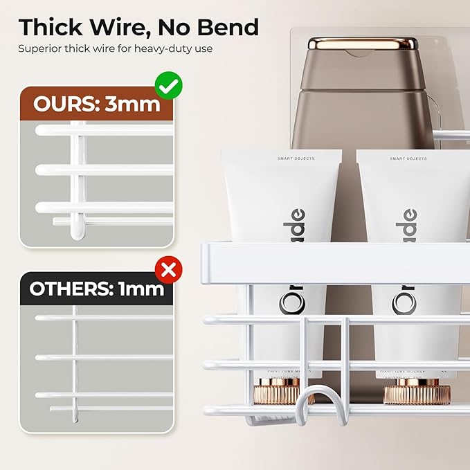 Orimade Shower Caddy with 5 Hooks for Hanging Razor and Sponge Adhesive Shower Shelf Basket Bathroom Storage Organizer Kitchen Rack No Drilling Stainless Steel Rustproof - 2 Pack,White