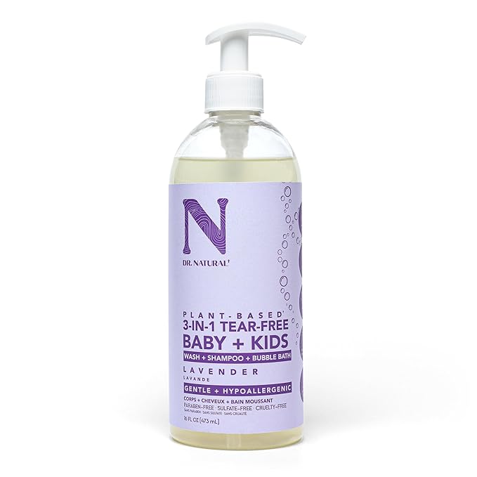 Dr. Natural 3-in-1 Tear-Free Baby Plus Kids Soap - Head-to-Toe Baby Soap and Shampoo - Sensitive Skin Moisturizing Body Wash - Lavender - 16 oz
