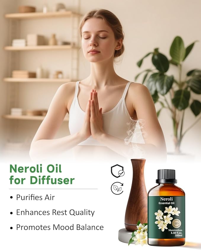 Mumianhua Neroli Essential Oil 100% Pure- Therapeutic Grade Orange Blossom Oil for Cleaning Sprays, Home Perfume & Women's Cologne | Citrus Floral for Diffuser, Candle & Soap Making 3.38 Fl Oz