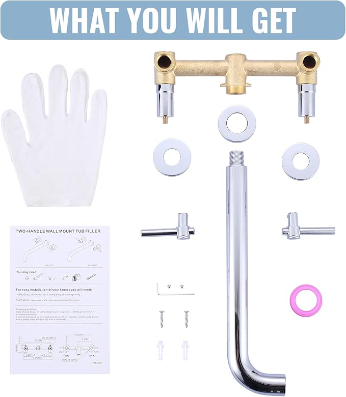 Wall Mount Tub Filler Tub Faucet High Flow Bathtub Faucets Two Handles Solid Brass, 12" Long Spout Reach, Chrome