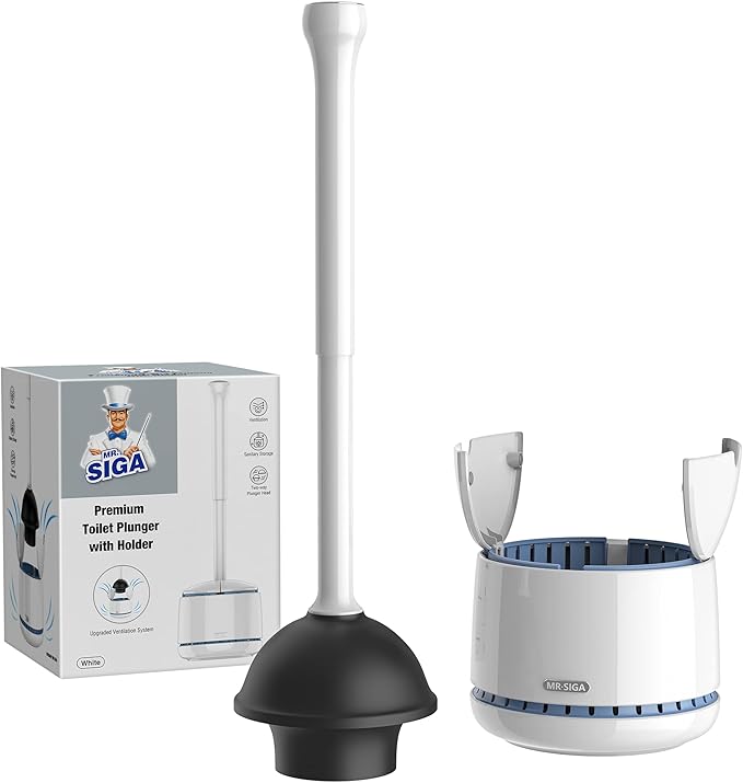 MR.SIGA Toilet Plunger with Holder, Heavy Duty Toilet Plunger and Holder Combo for Bathroom Cleaning, White