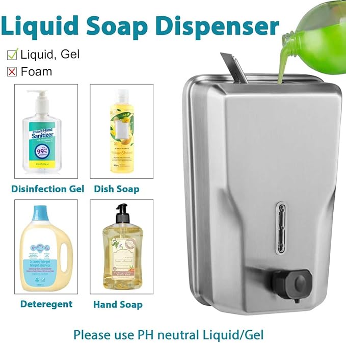 Commercial Stainless Steel Soap Dispenser – 47.3oz Large Capacity Wall Mount, Anti-Leak Pump, SUS304 Brushed Metal for High-Traffic Restrooms