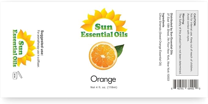 Sun Essential Oils - Sweet Orange Essential Oil 4 oz with Dropper for Diffusers, Hair, Skin Care, Aromatherapy Massage, Candle, Soap, Lotion & Cleaning Products Making, Citrus Scent for Home
