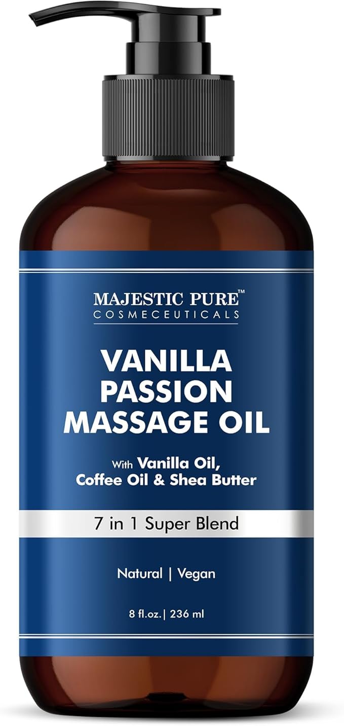 MAJESTIC PURE Vanilla Passion Massage Oil for Massage Therapy - Refreshing, and Relaxing - Natural Oils with Vanilla Oil, Coffee Oil & Shea Butter - for All Skin Types - Men and Women - 8 fl oz