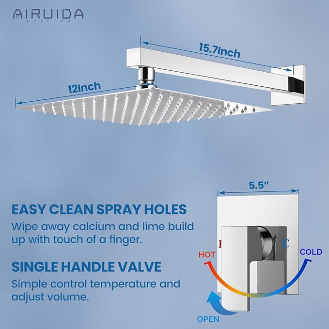 Airuida Shower Faucet Set Bathroom Rain Shower System SUS304 Stainless Steel Single Handle With Male Threads Rough-in Valve Shower Trim Kit 12 Inch Wall Mount Shower Head Chrome Polish