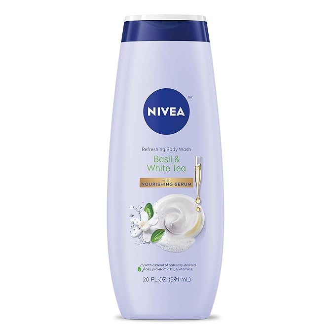 NIVEA Refreshing Basil and White Tea Body Wash with Nourishing Serum, Scented Body Wash for Women, Enriched with Provitamin B5 and Vitamin E, 20 Fl Oz Bottle