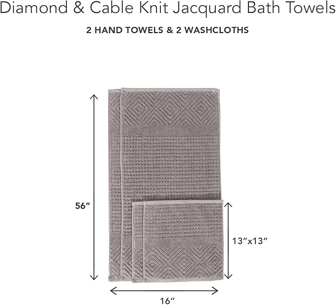 Texere 100% Organic Cotton Diamond Jacquard 700 GSM Luxury Bath Towel Sets - Ultra Soft and Absorbent Hotel and Spa Quality (Diamond, Cathedral Gray, 2 Hand & 2 Face Towels)