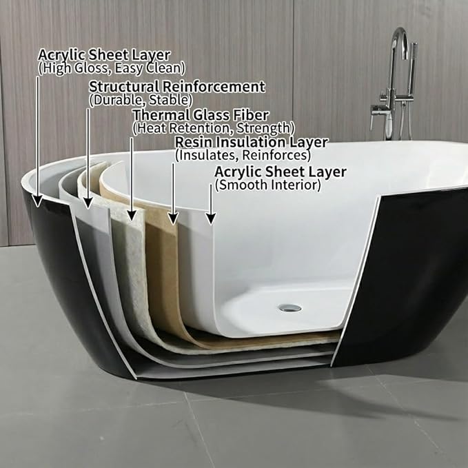 67" Freestanding Acrylic Bathtub, Deep Soaking Tub with Non-Slip Base & Chrome Drain, cUPC Certified, Black Symmetrical