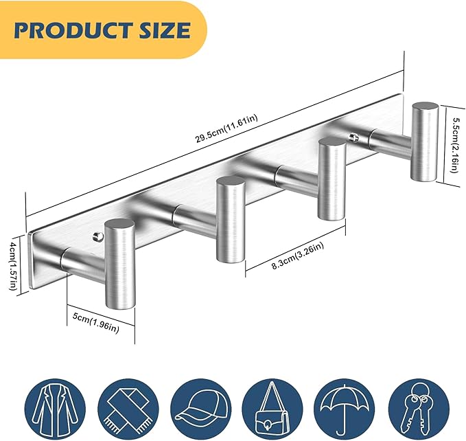 HUFEEOH T-Shaped Stainless Steel Coat Rack Wall Mount - 4 Heavy Duty Hooks for Bathroom, Mudroom Entryway, Durable Purse Hanger & Towel Rack