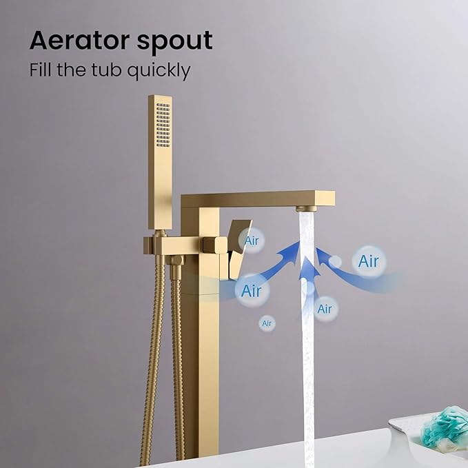 KIBI Cube Brushed Brass Freestanding Bathtub Faucet Floor‑Mounted Brass Tub Filler | Single‑Handle Bathroom Faucets with Hand Shower, Ceramic Cartridge & Stainless Steel Hose (KTF302)