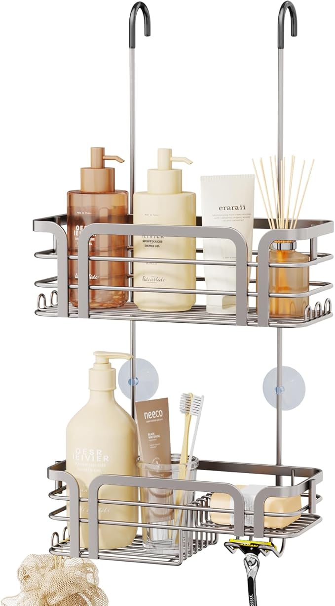 SWTYMIKI Shower Caddy Hanging Organizer - Over the Door Shower Caddy with Soap Holder, 11 Hooks, 2 Installation Ways, Stainless Steel Rustproof Bathroom Organizer, Sand Nickel
