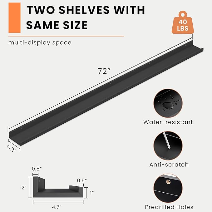 Heimlove Picture Ledge Shelf, Floating Shelves Set of 2, 72 Inches Long Large Picture Shelf for Wall with Ledge, Kids Bookshelf Wall Mounted for Living Room Bedroom Decor Books Photo Frames, Black