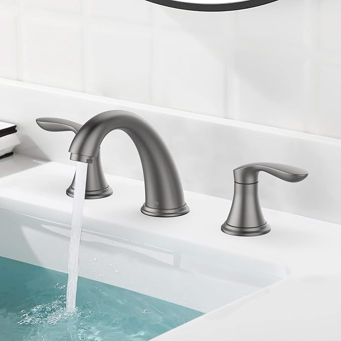 Bathroom Sink Faucet, Faucet for Bathroom Sink, Widespread Gun Grey Bathroom Faucet 3 Hole with Stainless Steel Pop Up Drain and cUPC Lead-Free Hose - (Gun Grey 2 Packs)