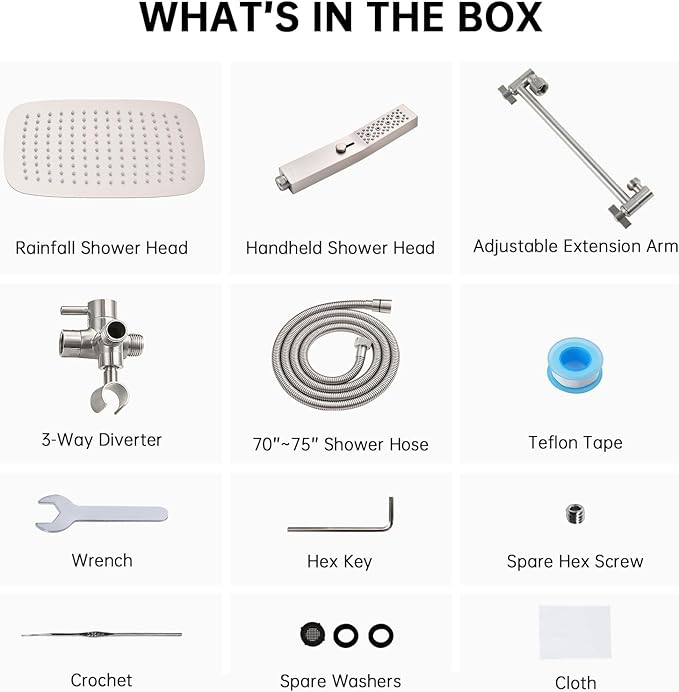 G-Promise All Metal 12 Inch Dual Square Shower Head with Handheld Spray Combo, Rain Shower Head, Adjustable Extension Arm, 3-Way Diverter, 71 Inch Extra Long Hose - A Bathroom Upgrade(Brushed Nickel)