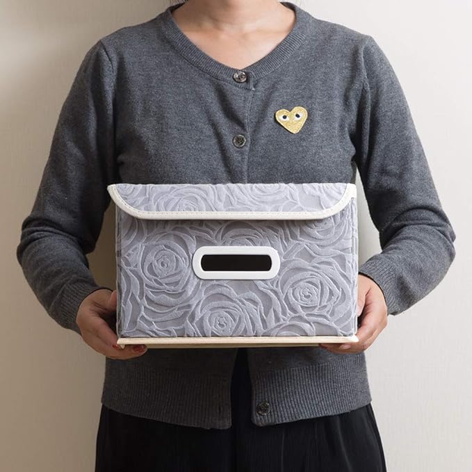 PRANDOM Stackable Storage Boxes with Lids [5-Pack] Fabric Decorative Storage Bins Cubes Organizer Containers Baskets with Cover Handles Divider for Bedroom Closet Living Room Grey 9.8x7.9x6.7 Inch
