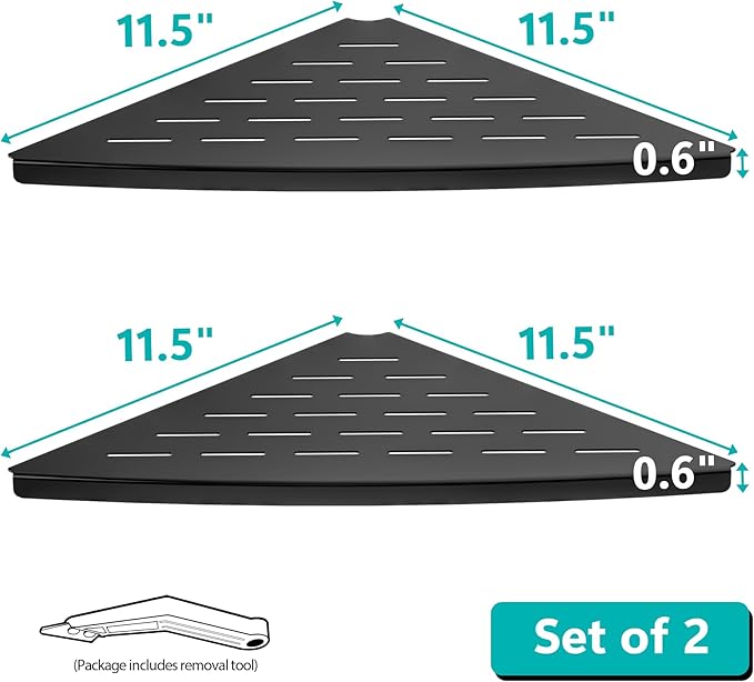 Corner Shower Shelf Matte Black, 304 Stainless Steel 11.5” Recessed Corner Shelf Bathroom for Tiled Wall, Floating Shower Shelves Shampoo Holder, No Drilling, 2 Pack