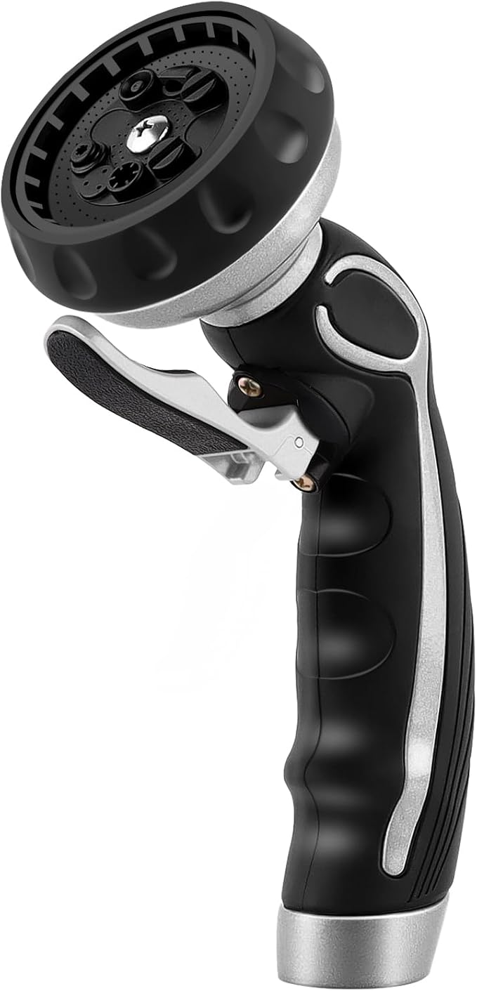 RESTMO Hose Nozzle with Easy Self-Lock Trigger, Heavy Duty Metal Water Hose Sprayer with 9 Spray Patterns and On/Off Valve, Ideal for Outdoor Lawn & Garden Watering, Car & Pet Washing, Silver