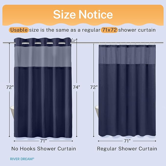 River Dream Heavyweight Navy Blue No Hooks Required Dotted Waffle Weave Shower Curtain with Snap in Liner - 71W x 74H,Hotel Grade,Spa Like Bath Curtain