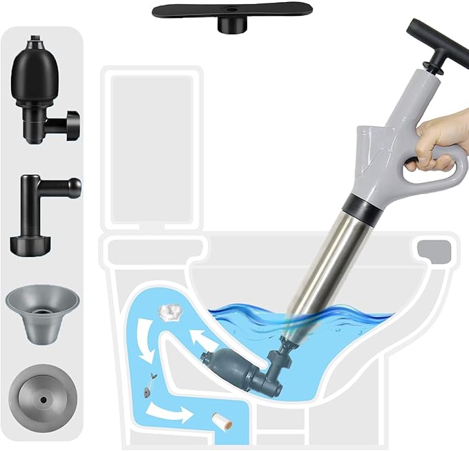 Plunger Toilet Pneumatic Drain Cleaner with Real-Time Air Pressure Gauge, Sewer Snake Clog Removal Tool, High Pressure Sewer Jet Gun for Sink, Bathroom and Kitchen Plumbing